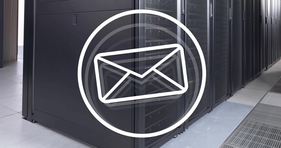Digital Email Icon Overlaying Data Server Room for Communication Concept