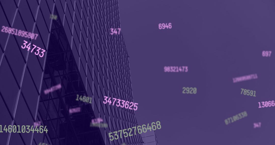 Digital Numbers Overlay on Modern Cityscape Skyscraper