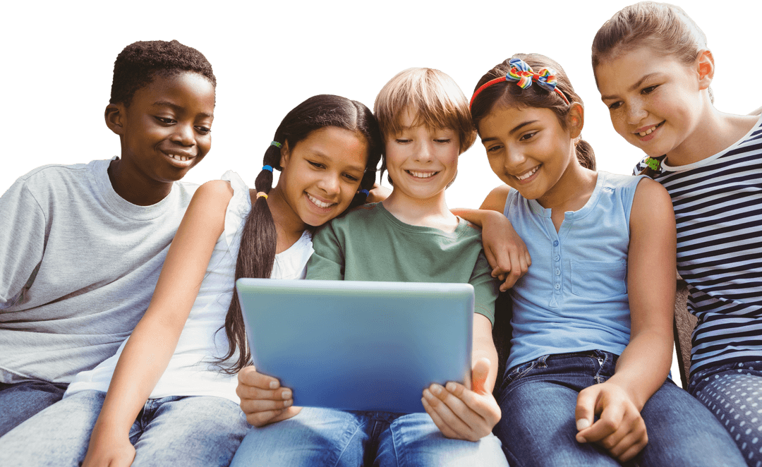 Smiling Children Engaged with Digital Tablet Outdoors