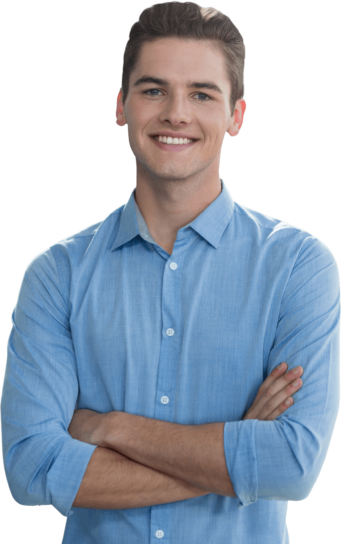 Confident Young Businessman Smiling With Arms Crossed on Transparent Background