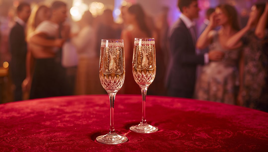 Exquisite Crystal Champagne Flutes in Elegant Ballroom Setting
