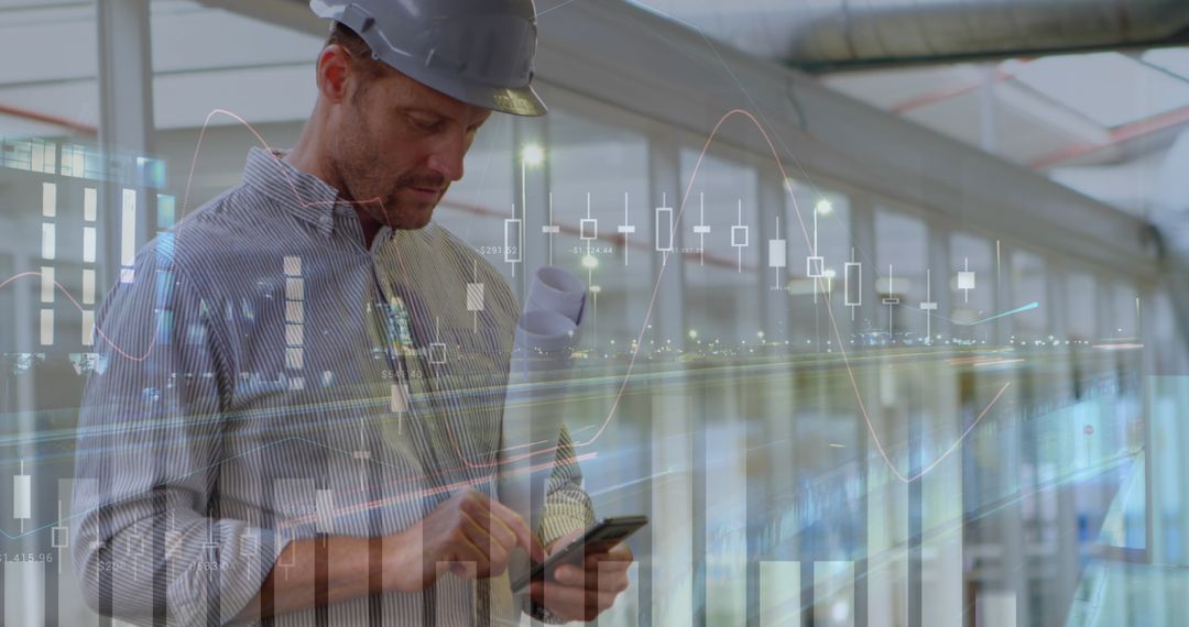 Engineer Analyzing Market Trends on Smartphone with Digital Graphs