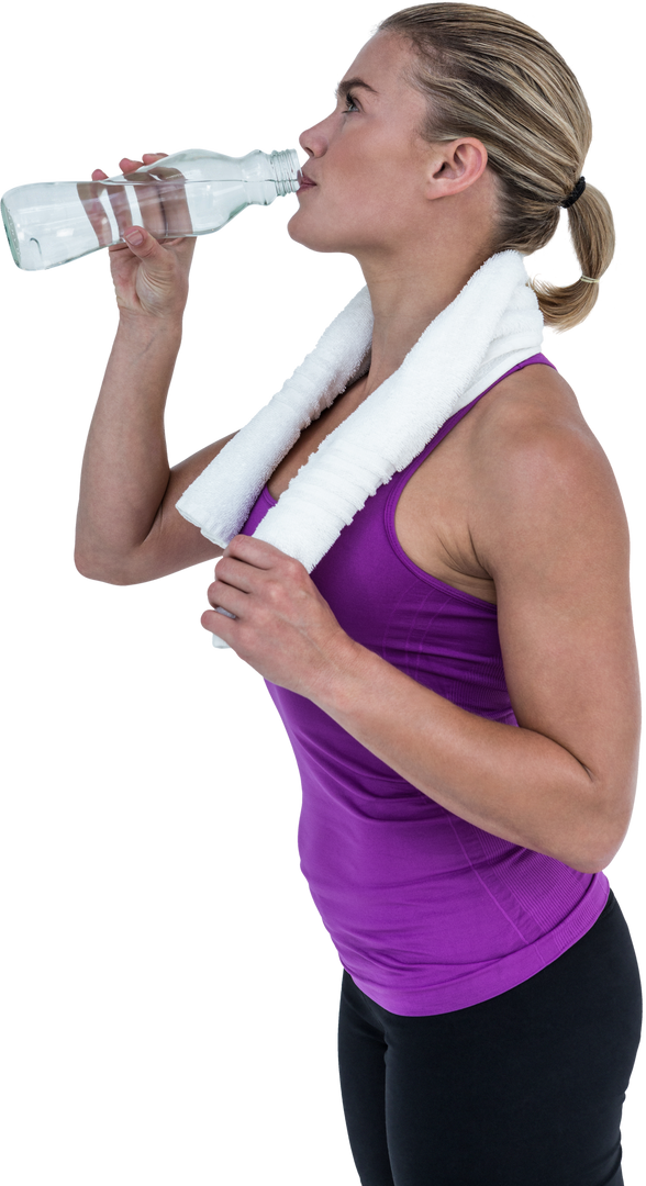 Muscular Woman Drinking Water with Towel over Shoulder Transparent Background - Download Free Stock Images Pikwizard.com