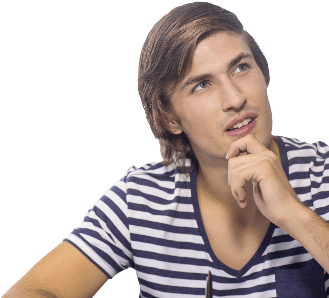 Thoughtful Caucasian Man in Striped Shirt on Transparent Background
