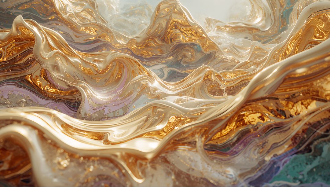 Flowing Gold and Cream Ribbons in Abstract Metallic Fluid Swirl