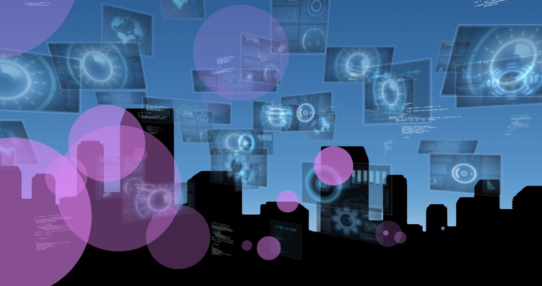 Futuristic Digital Displays Over Urban Skyline Illustrating Technology Concepts