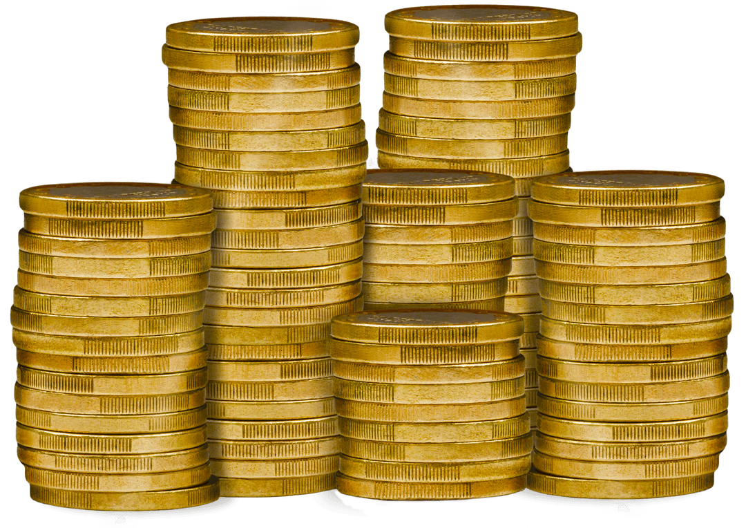Stacks of Shiny Gold Coins on Transparent Background