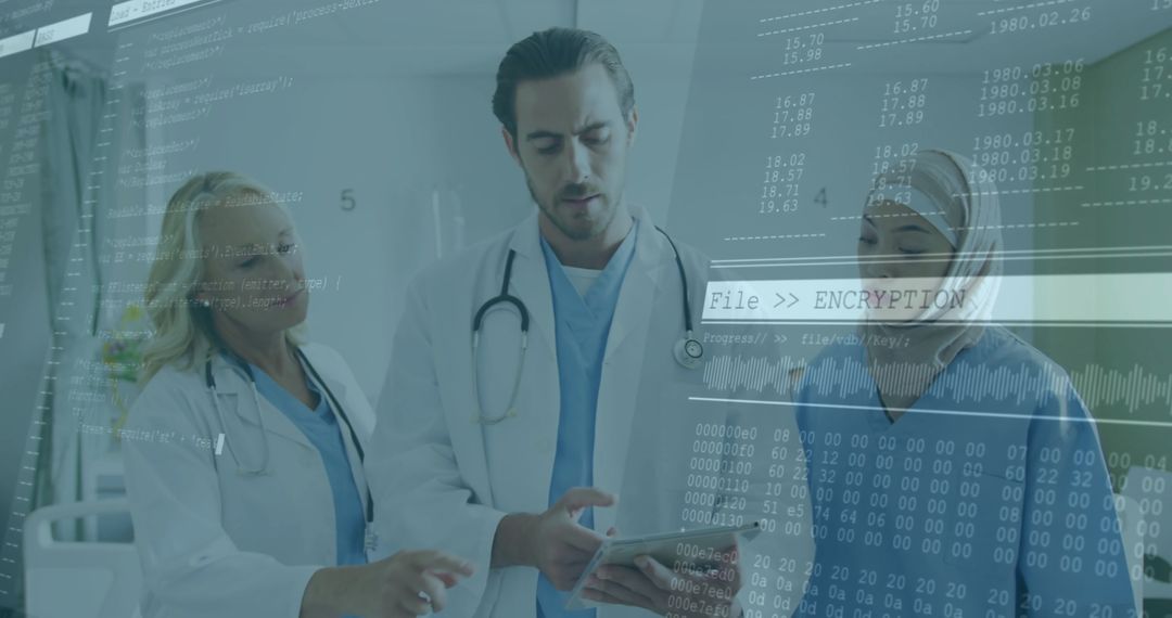 Medical Professionals Analyzing Encrypted Data on Tablet