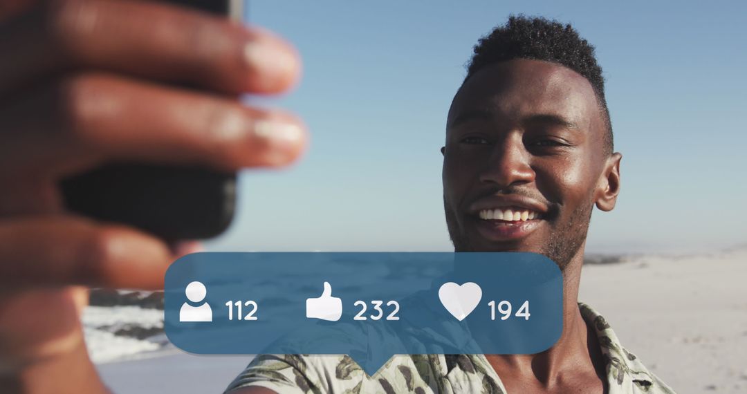 Man Smiling at Beach with Social Media Interface Overlay
