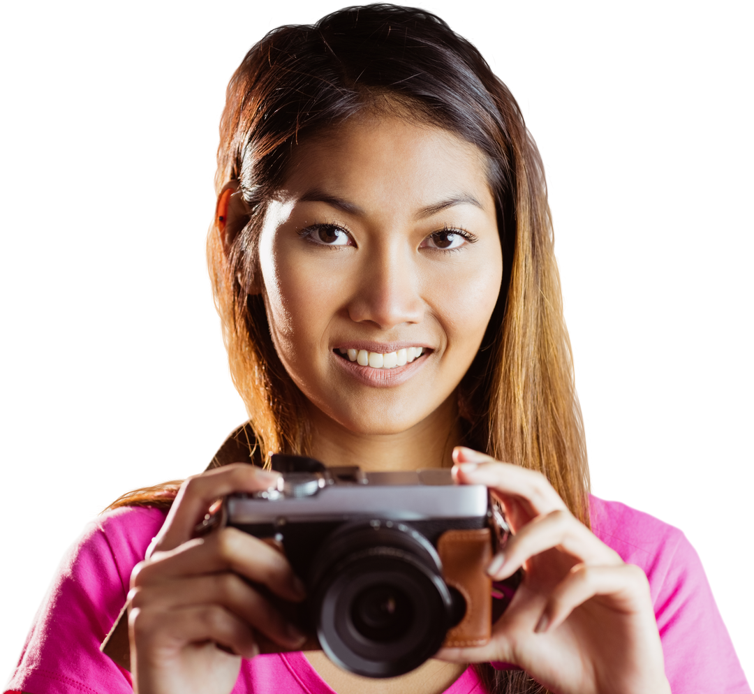 Transparent Smiling Asian Woman Holding Camera Against White Background - Download Free Stock Images Pikwizard.com