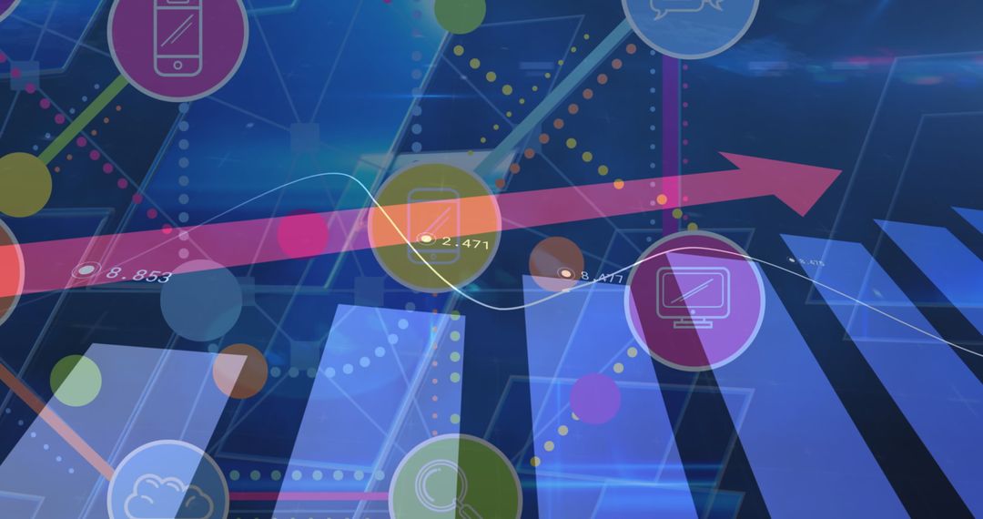 Digital Icons Overlaid with Rising Statistics and Pink Arrow