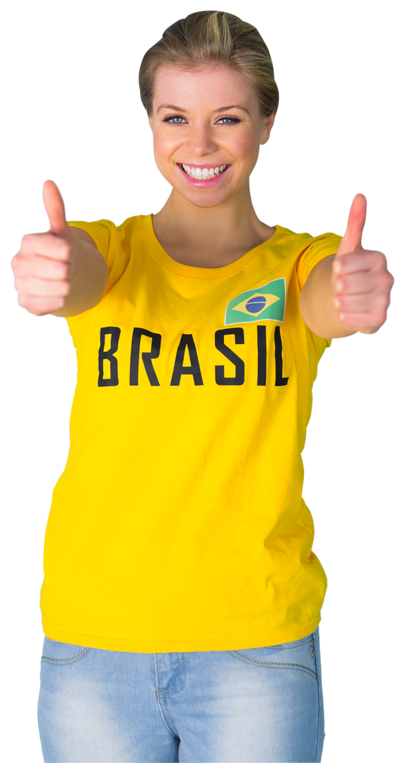 Cheerful Female Soccer Fan Wearing Brazil T-Shirt with Double Thumbs Up, Transparent Background - Download Free Stock Images Pikwizard.com