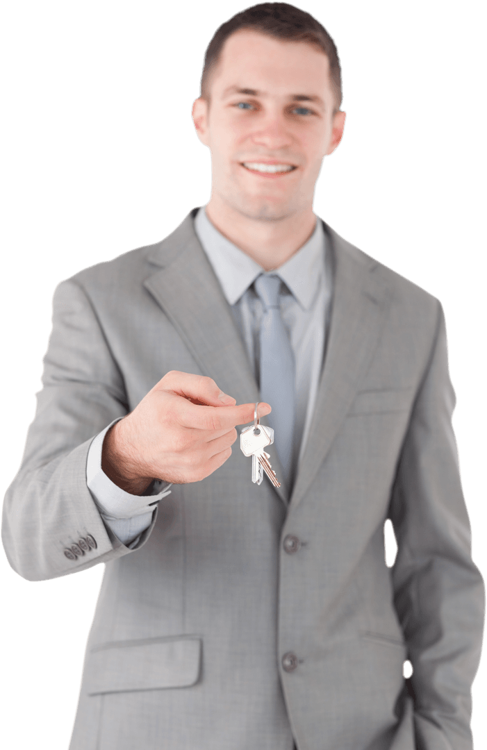 Transparent Businessman Holding Keys in Hand Close-Up