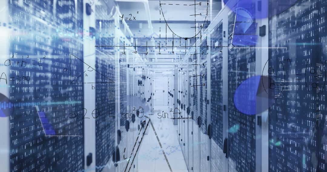 Futuristic Data Center with Virtual Element Overlays and Analytical Graphics