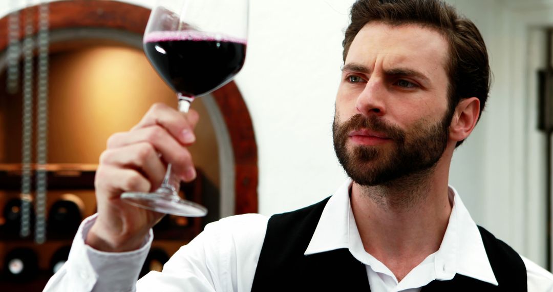 Sommelier Carefully Evaluating Red Wine Quality in Cellar