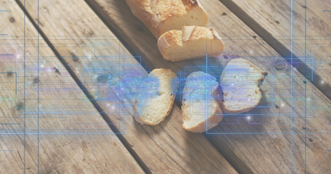 Displaying rustic baguette slices on weathered wood with blue HUD overlay and texture