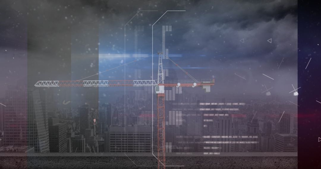Construction crane with futuristic digital overlay in urban skyline