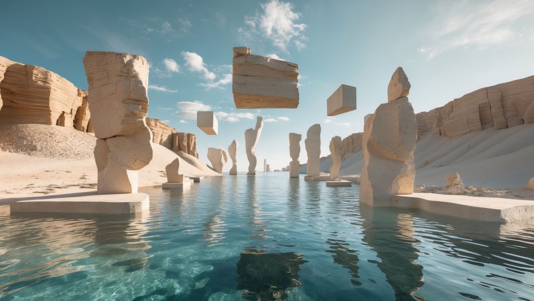 Surreal Valleyscape with Floating Sandstone Blocks Over Water