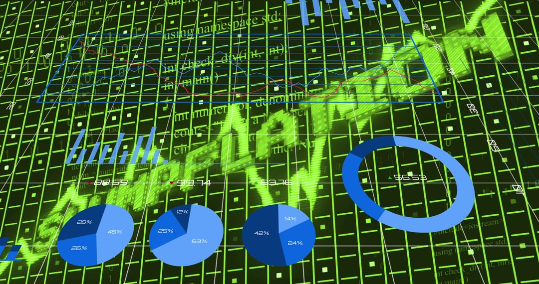 Futuristic Data Visualization with Blue Pie Charts and Green Line Graph