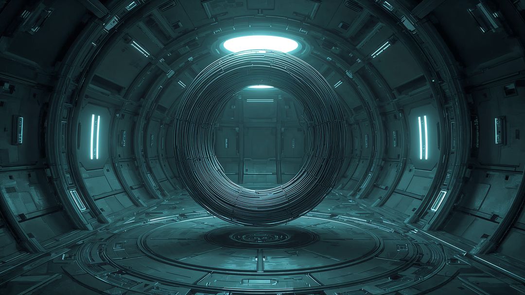 Futuristic Metallic Chamber with Floating Futuristic Coil Ring
