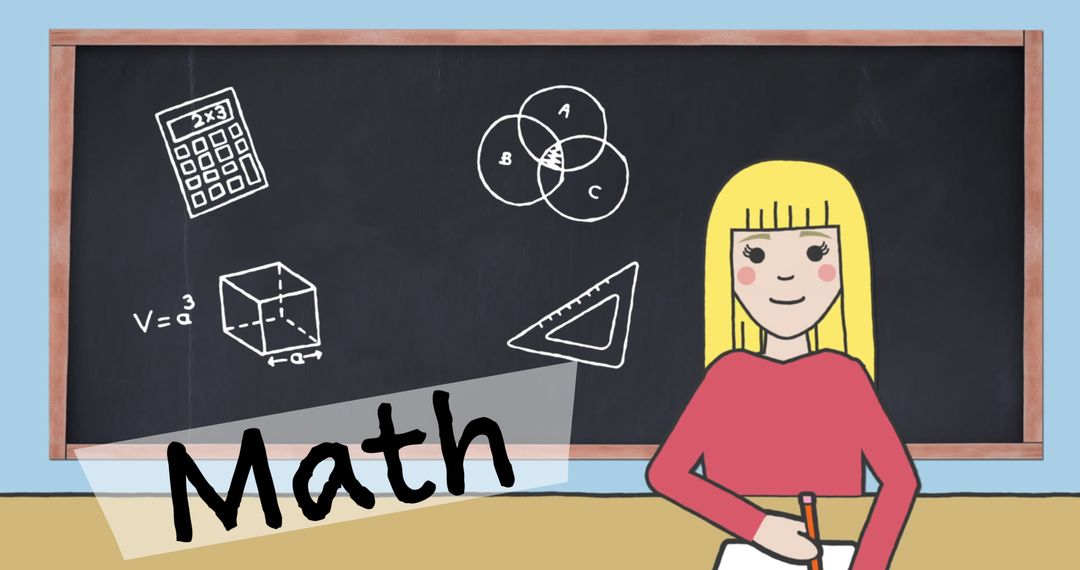 Schoolgirl Learning Math in Classroom with Chalkboard Displays