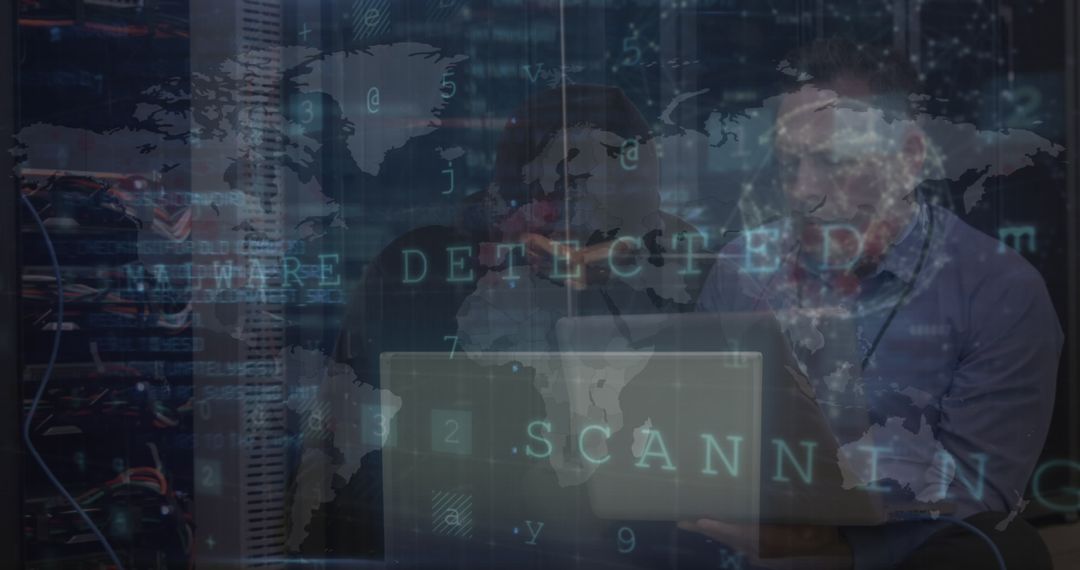 Cybersecurity Threat Detection Overlay with Hacker at Work