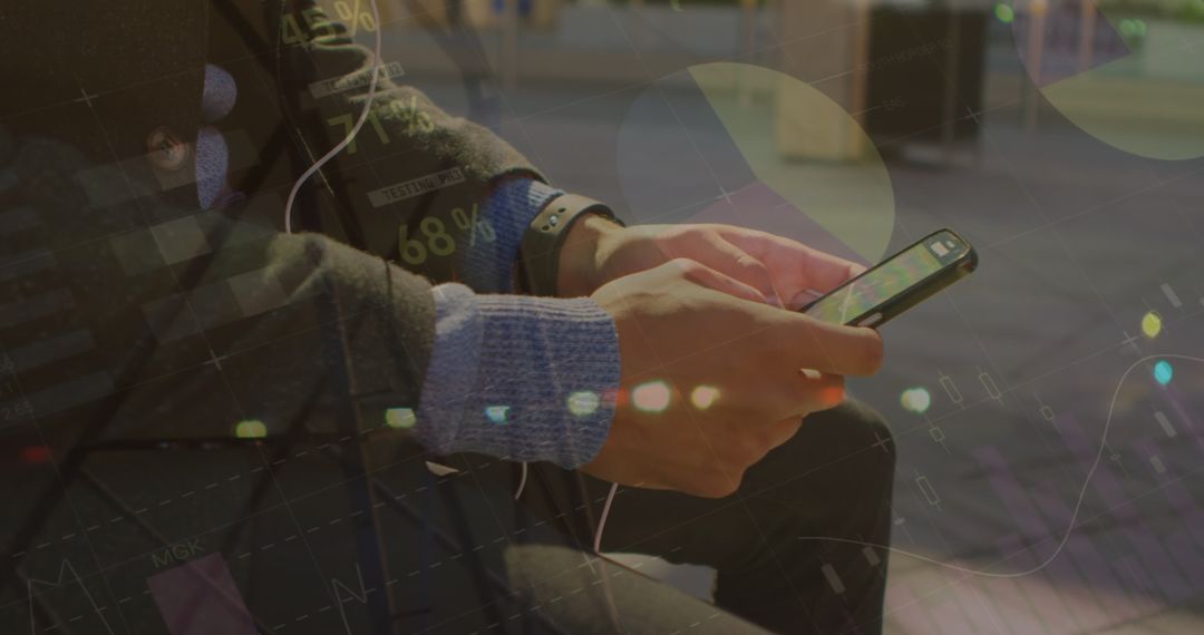 Mixed-Race Professional Using Smartphone with Digital Overlay