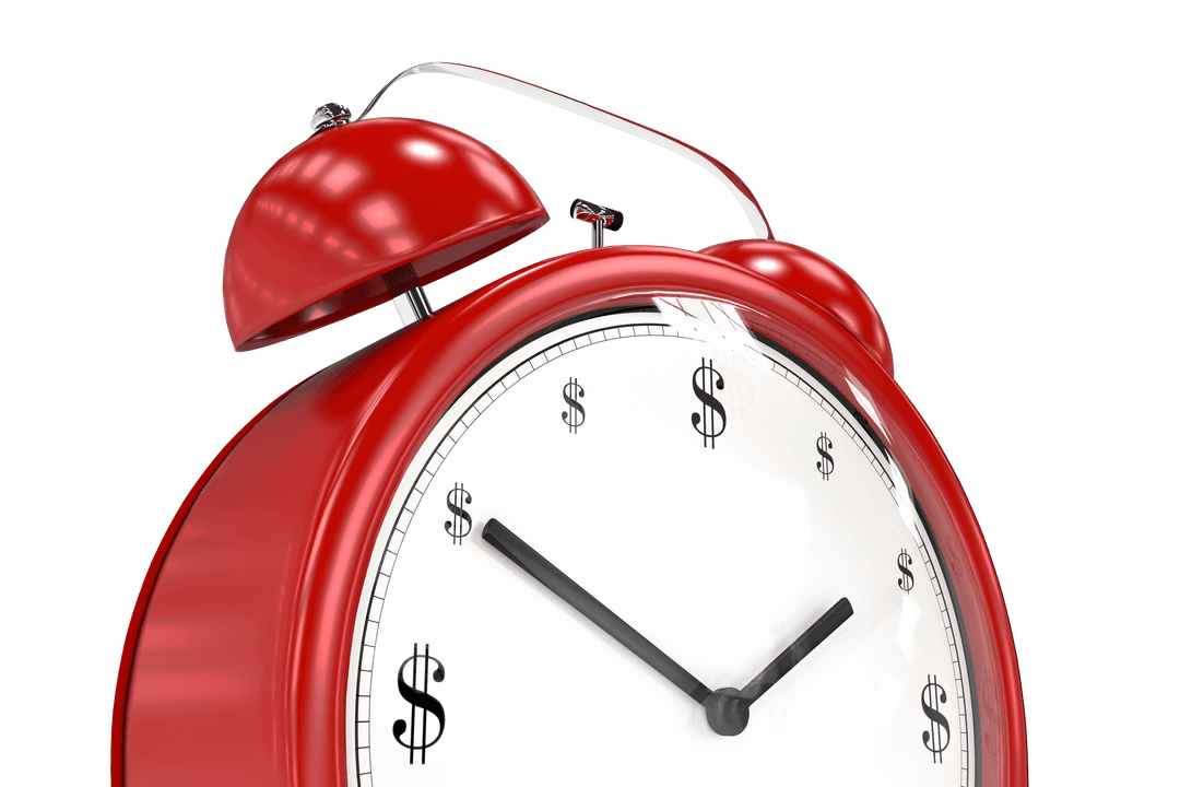 Red Alarm Clock on Transparent Background with Dollar Symbols