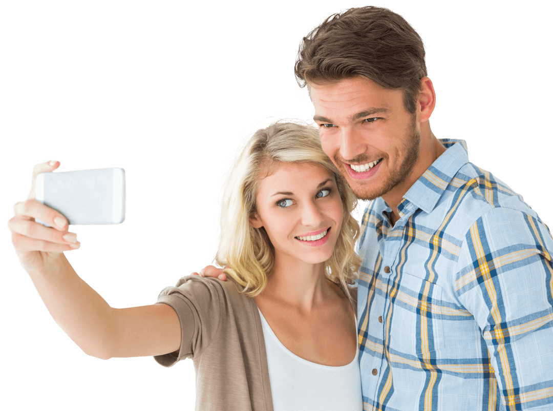 Young Couple Smiling and Taking Transparent Selfie Together