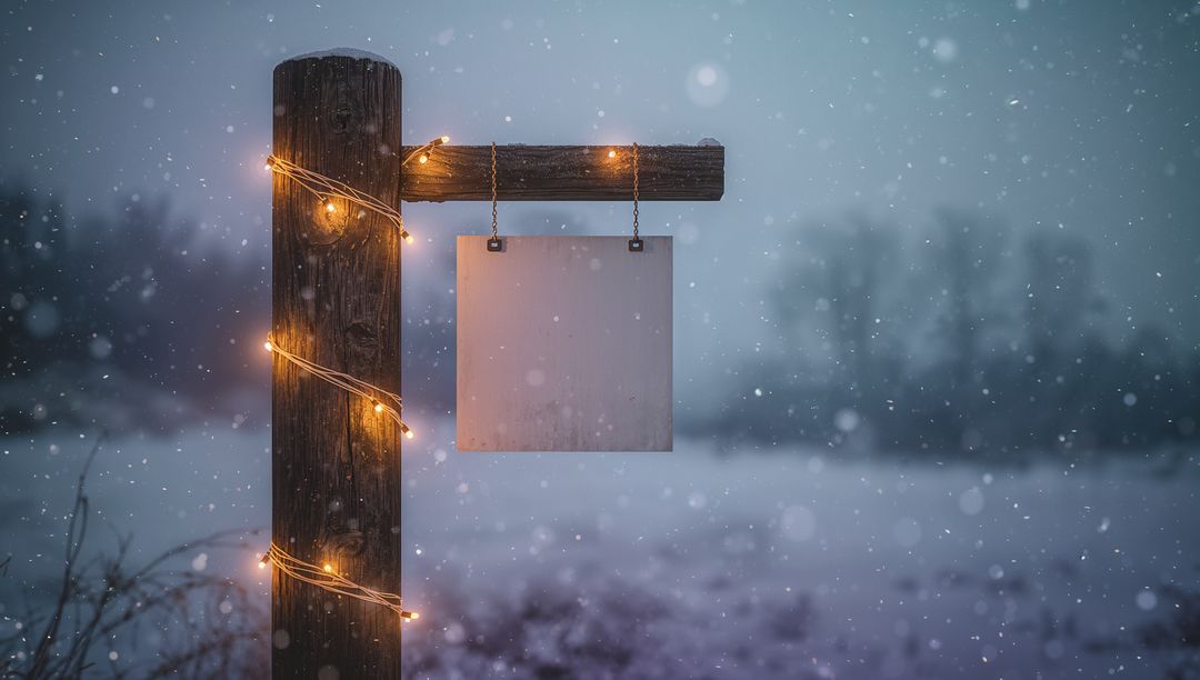 Snowy Field Signpost with Lights and Blank Signboard