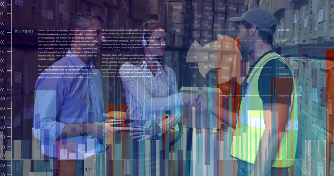 Warehouse Team with Data Overlays in Global Business Concept