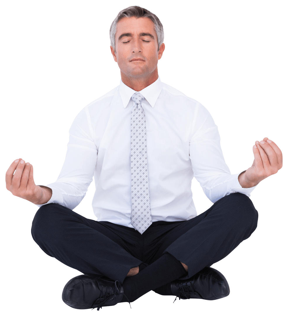 Serene Businessman Meditating Peacefully in Transparent Lotus Pose