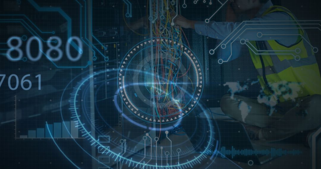 Technician Connecting Cables in Network Infrastructure Setting
