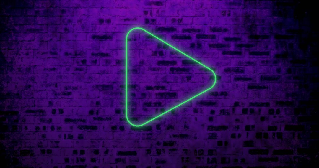 Neon Green Play Button on Purple Brick Wall