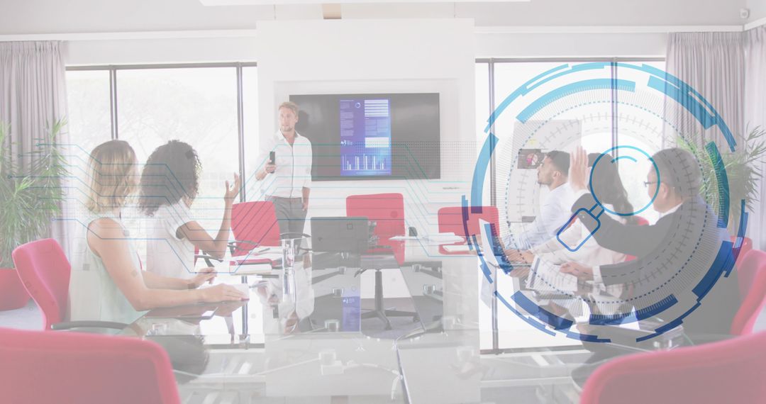 Diverse Team Collaborating on Business Presentation in Modern Conference Room