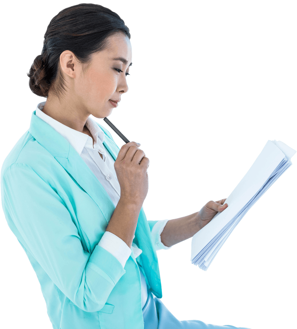 Businesswoman Analyzing Documents with Pen and Papers Transparent Background