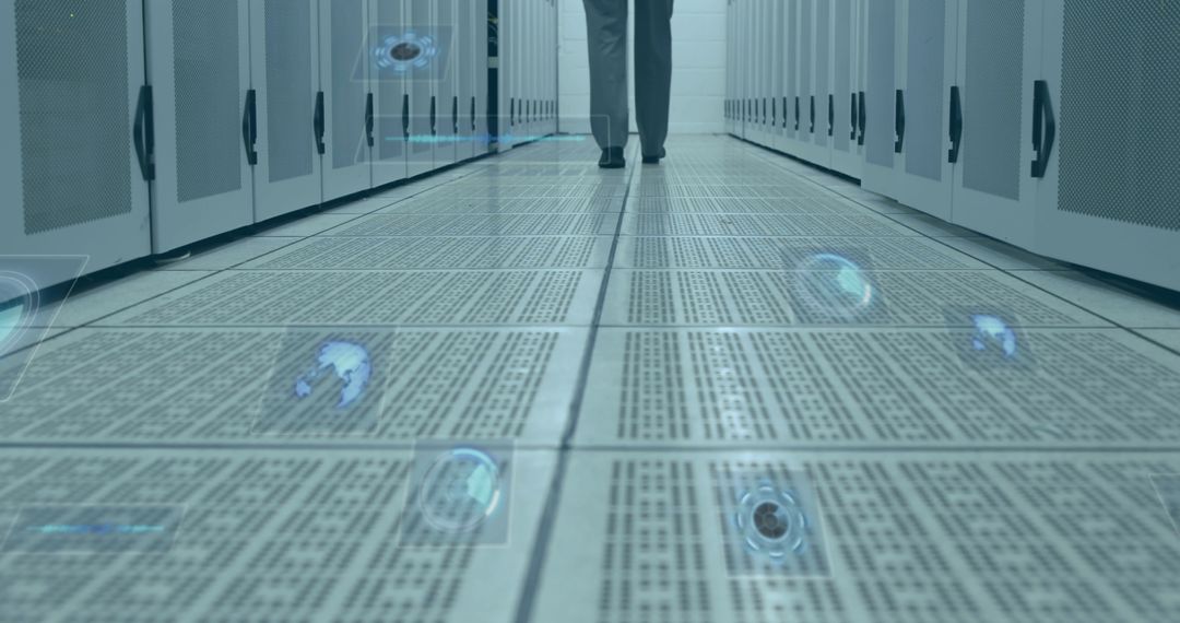 Man Walking in Secure Server Room with Cybersecurity Theme