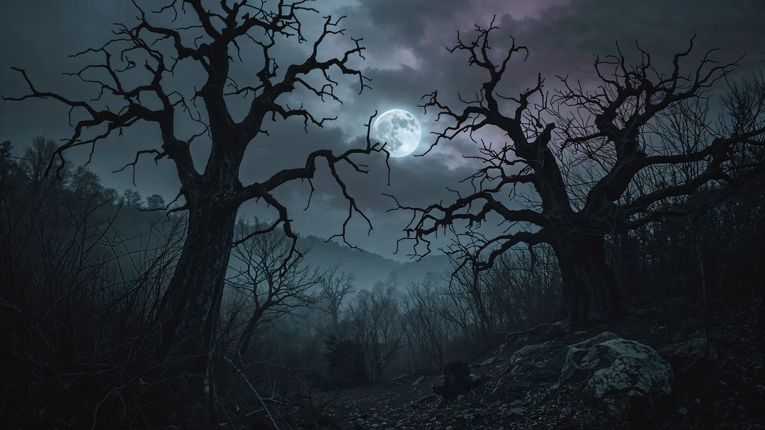 Mystical Moonlit Trees on Misty Rocky Hillside