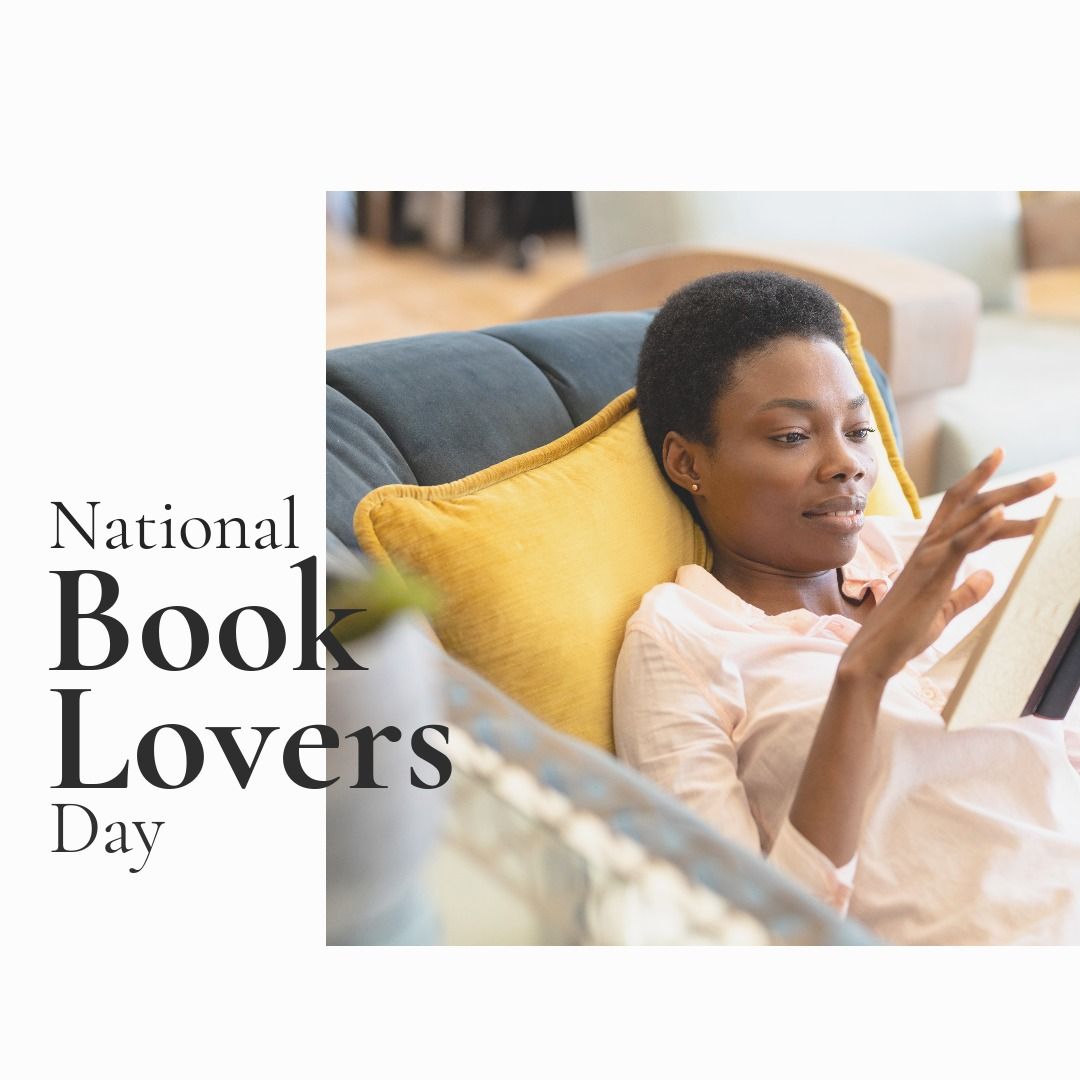 Composite of african american young woman reading book on sofa and national book lovers day text - Download Free Stock Templates Pikwizard.com
