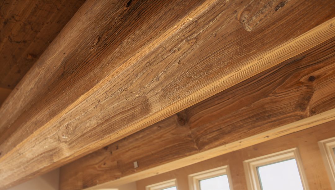 Exposed Reclaimed Timber Beam on Vaulted Ceiling with Natural Grain and Daylight Windows