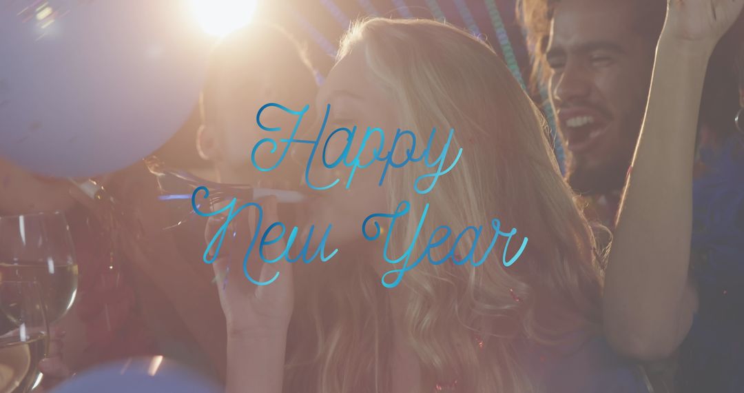 Happy New Year Celebration with Balloons and Smiling Partygoers
