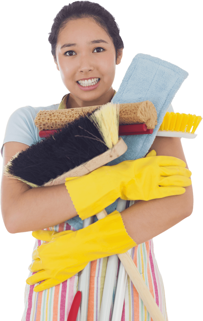 Woman Balancing Cleaning Supplies with a Transparent Background