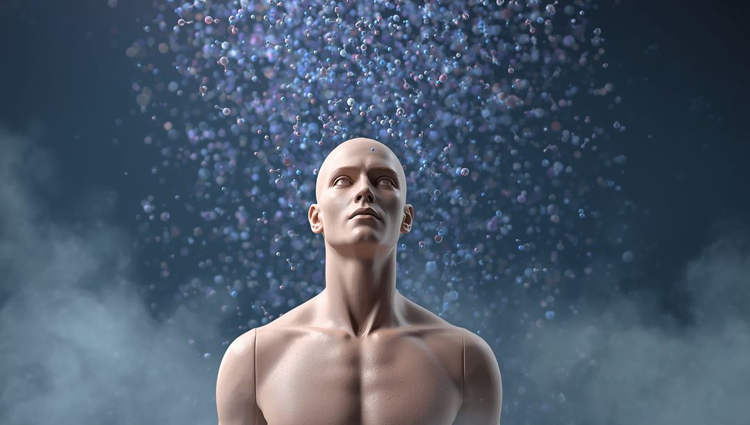 Futuristic Bust in Ethereal Mist With Floating Geometry