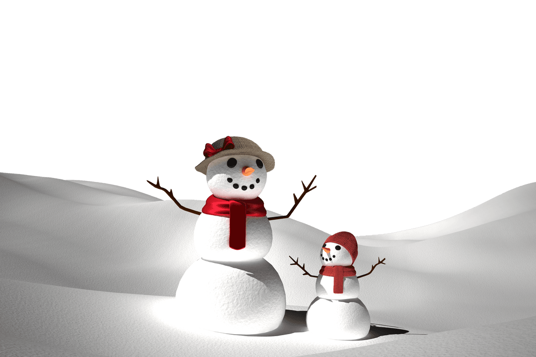Snowman Duo on Snowy Landscape with Transparent Background