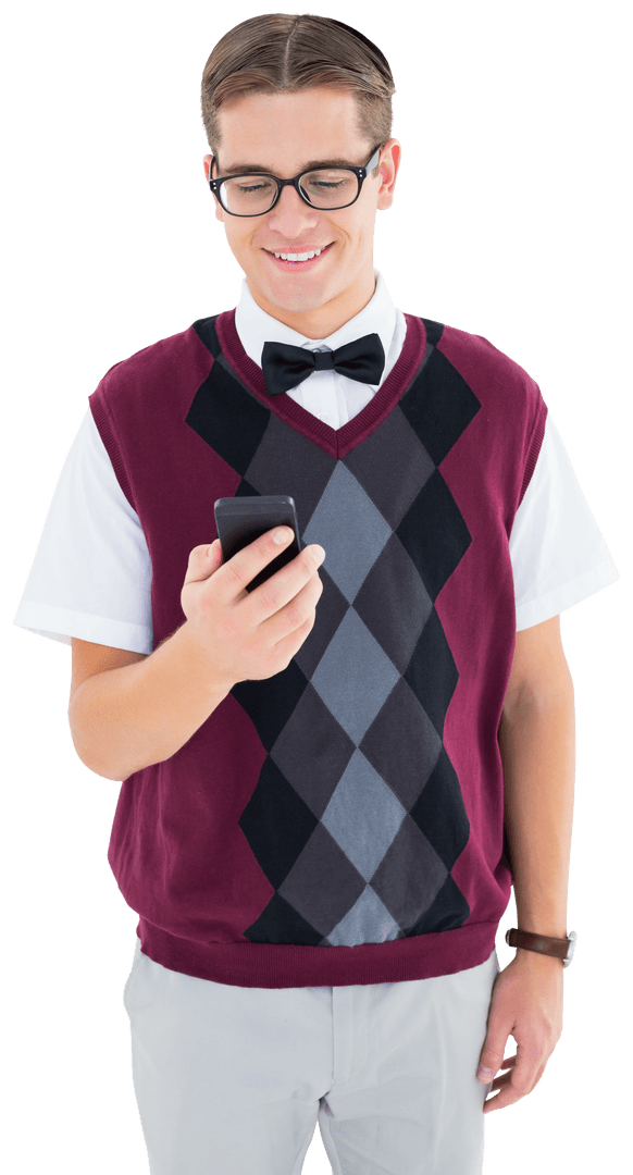 Smiling man in argyle sweater using smartphone transparent background