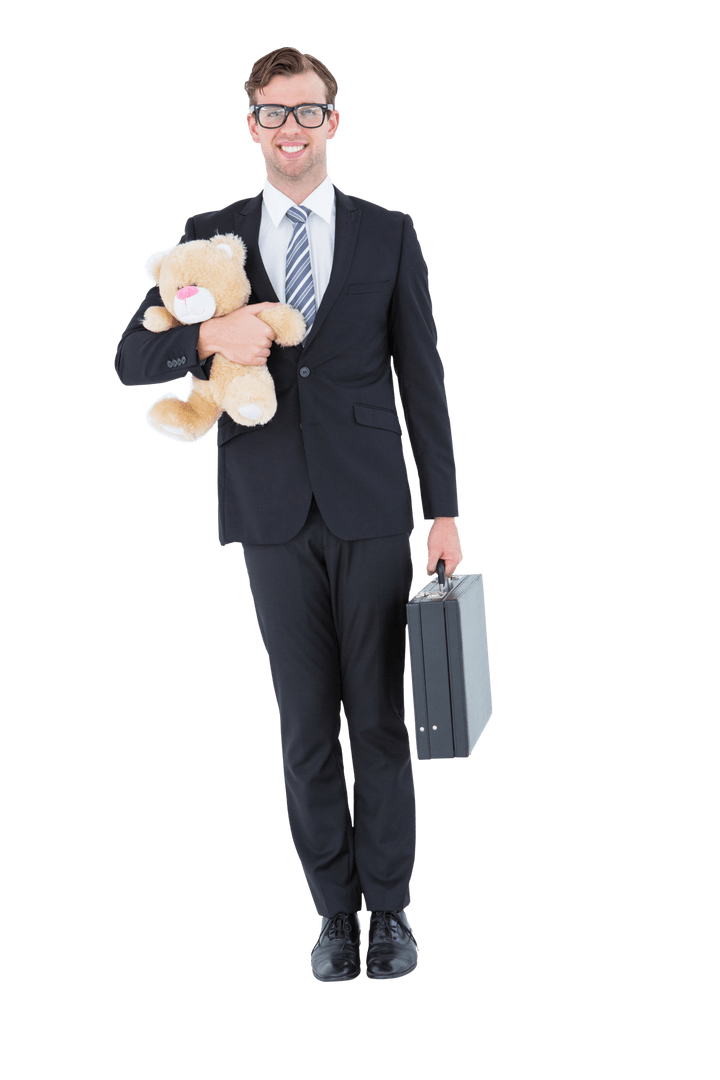 Transparent Geeky Hipster Businessman Holding Teddy Bear and Briefcase