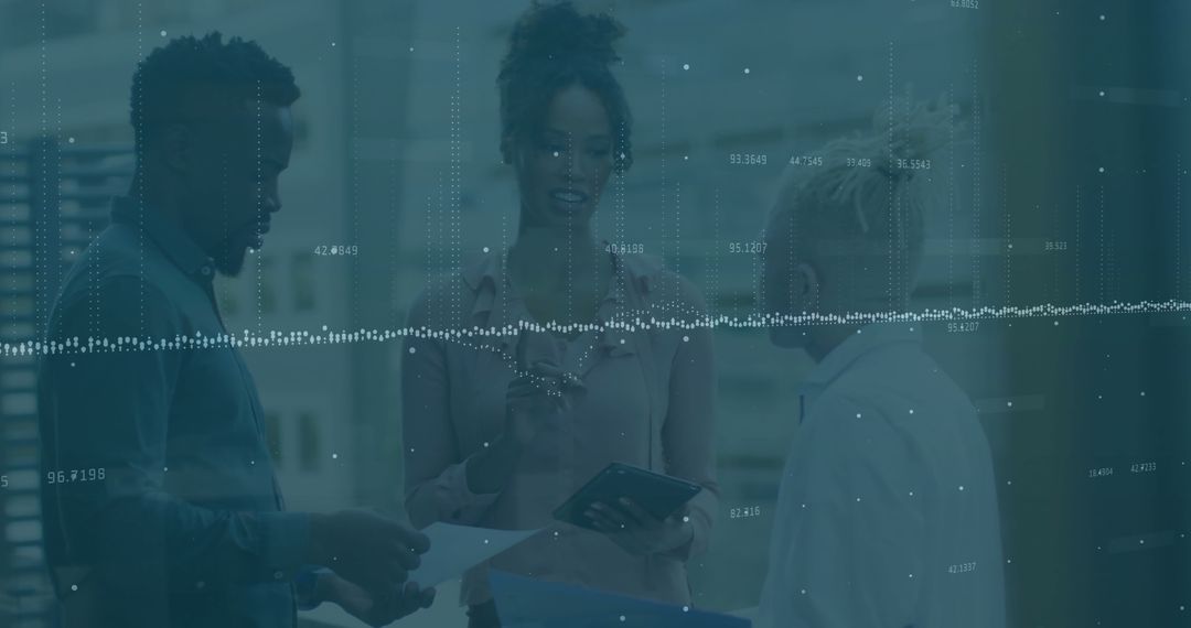 Diverse Team Collaborating with Data Overlay in Casual Office