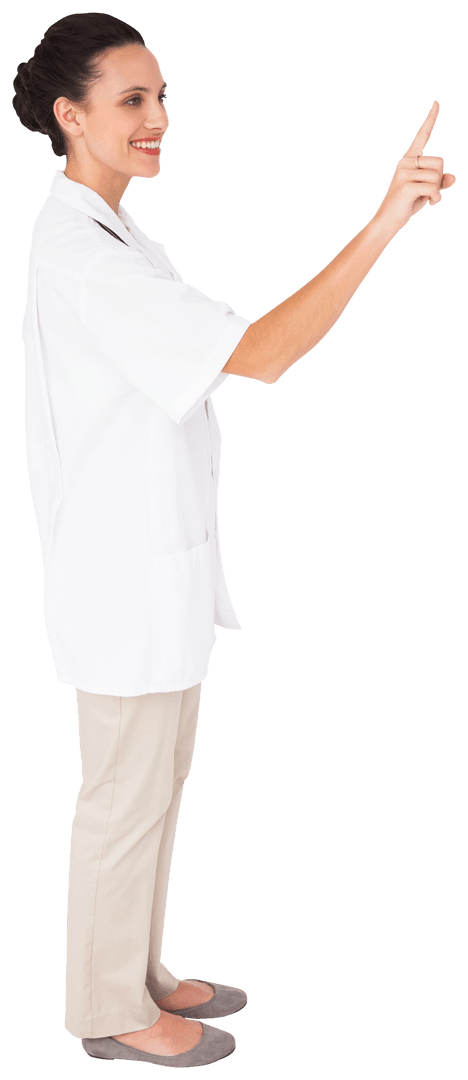 Smiling Female Doctor Pointing with Finger on Transparent Background