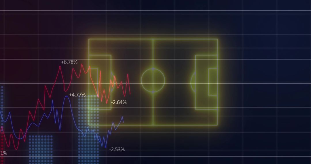 Neon Soccer Field Overlaying Financial Dashboard Showing Red and Blue Performance Trends
