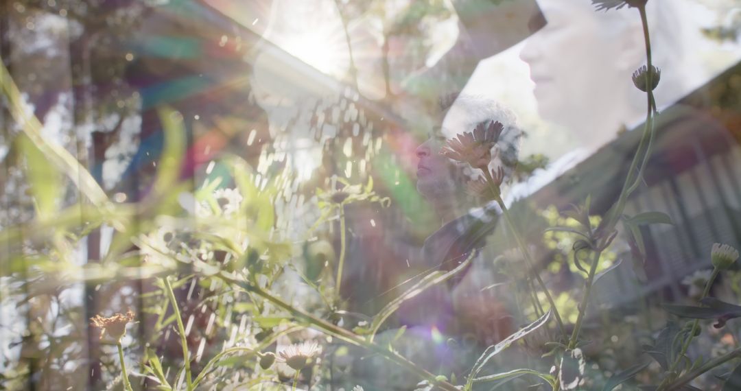 Double Exposure of Elderly Woman Among Flowers with Sunlight - Free Images, Stock Photos and Pictures on Pikwizard.com